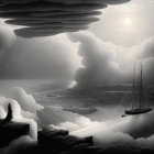 Monochromatic dreamscape: towering clouds, person on cliff, sailing ship under misty sun