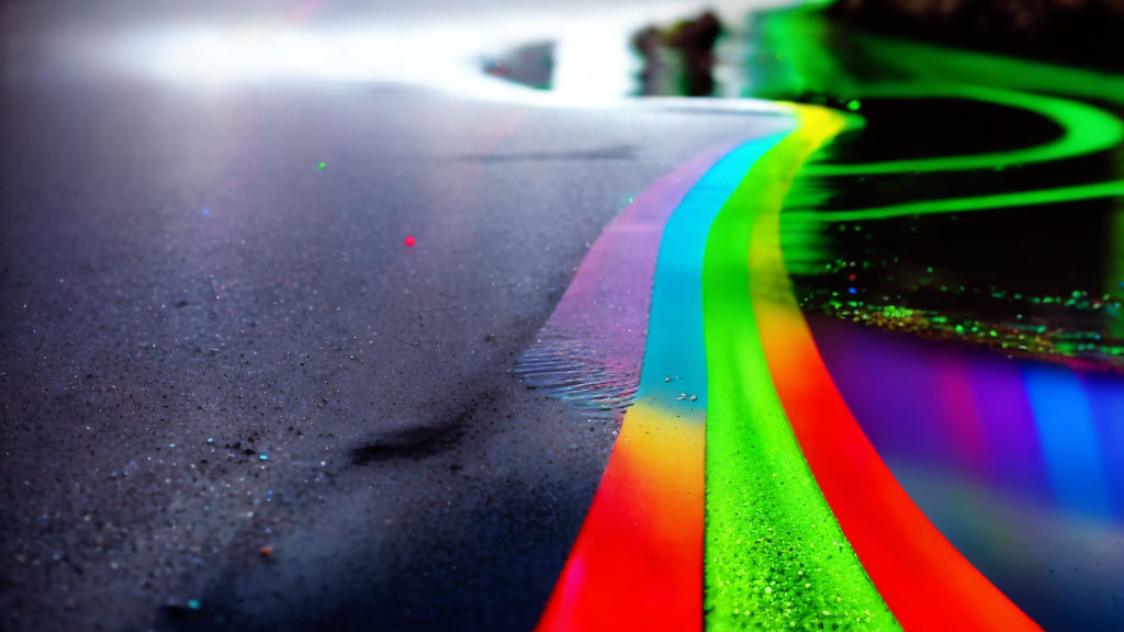 Colorful rainbow reflection on wet asphalt surface blending with gritty texture