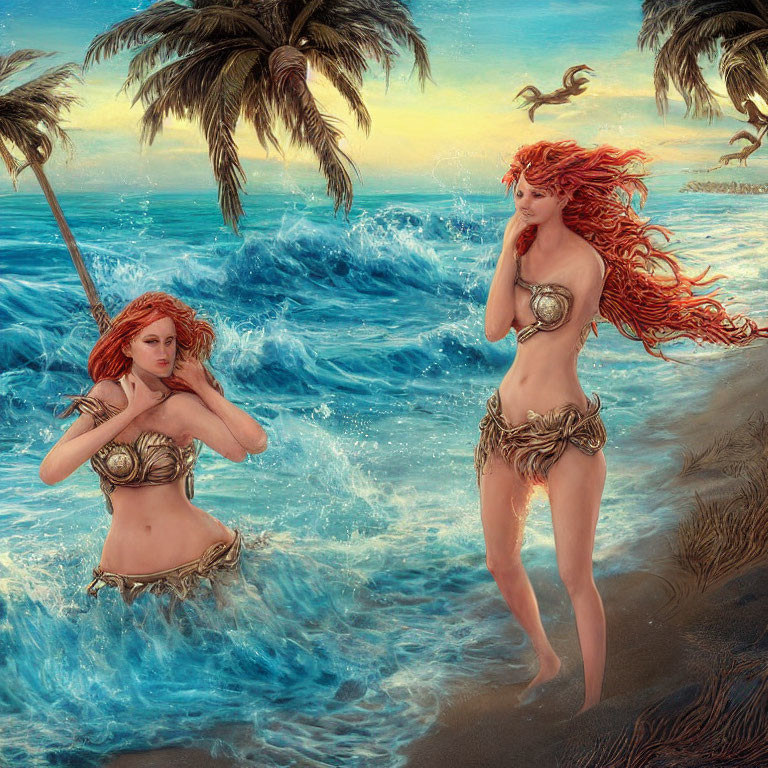 Red-haired mermaids in seashell attire by ocean, one standing, one submerged