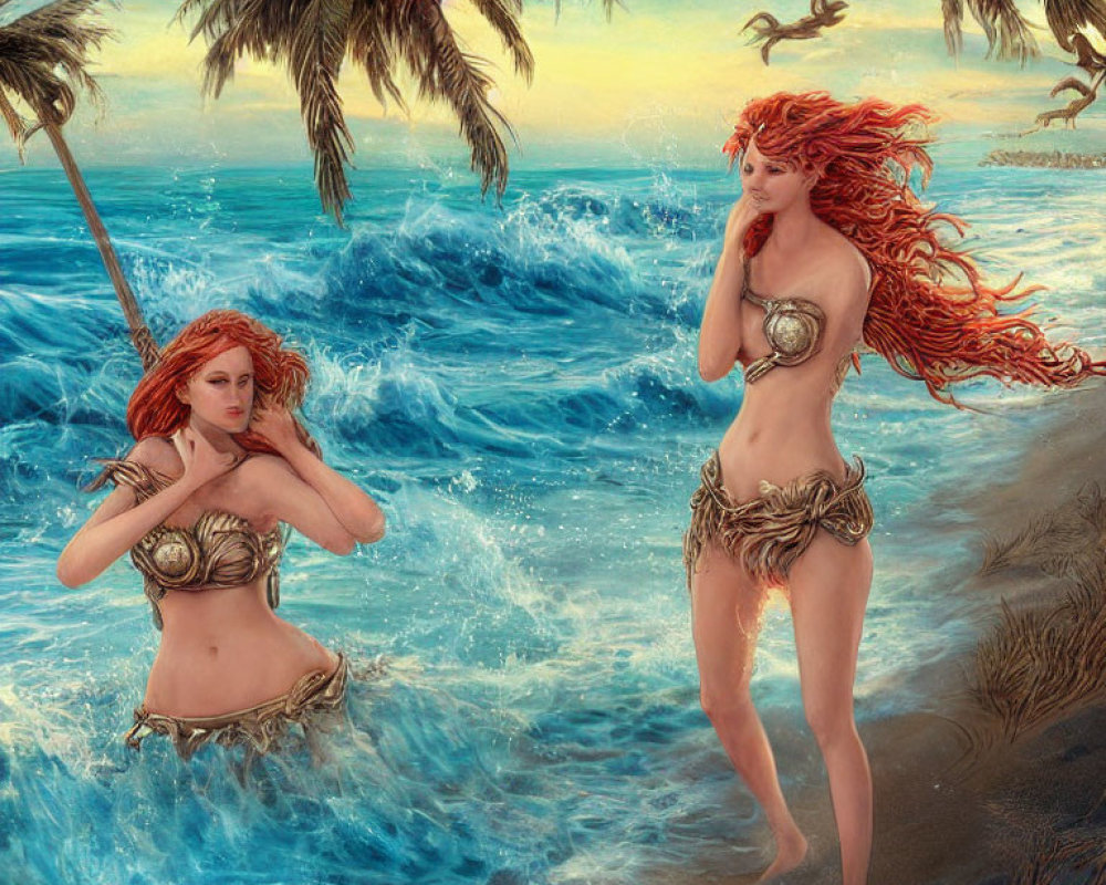 Red-haired mermaids in seashell attire by ocean, one standing, one submerged