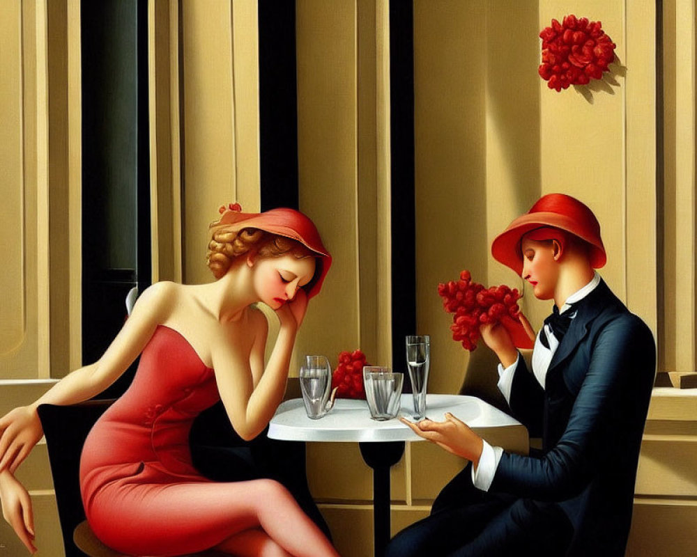 Man and woman in elegant attire seated at a table in contemplation or conversation