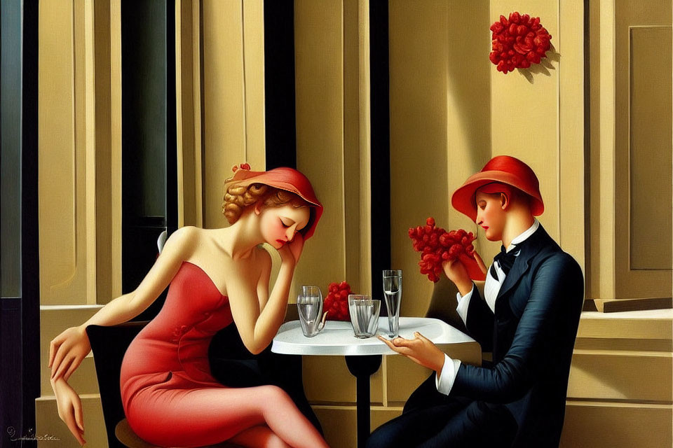 Man and woman in elegant attire seated at a table in contemplation or conversation