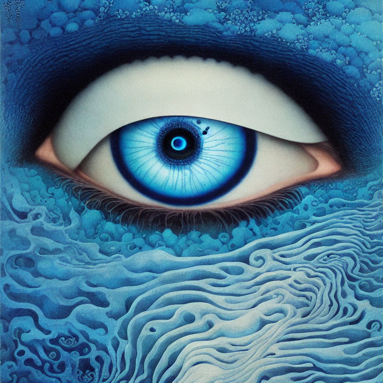 Detailed Blue Eye with Wave-Like Iris and Ocean Textures in Shades of Blue