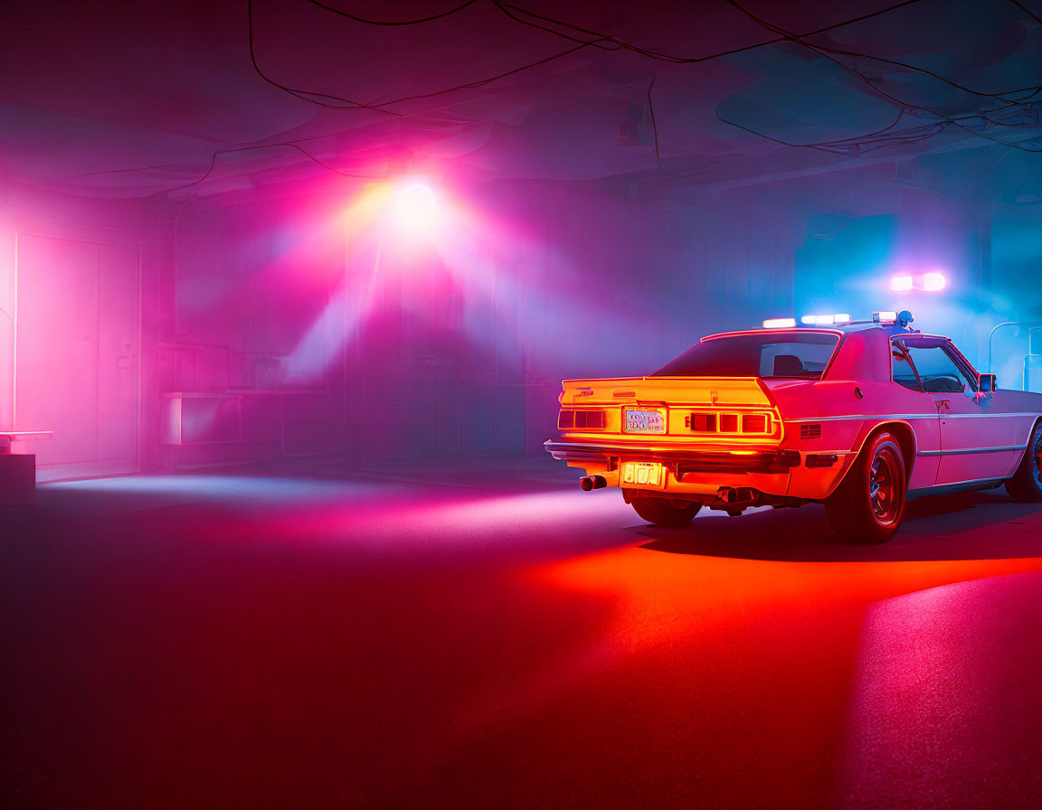 Vintage Car with Glowing Headlights in Neon Room