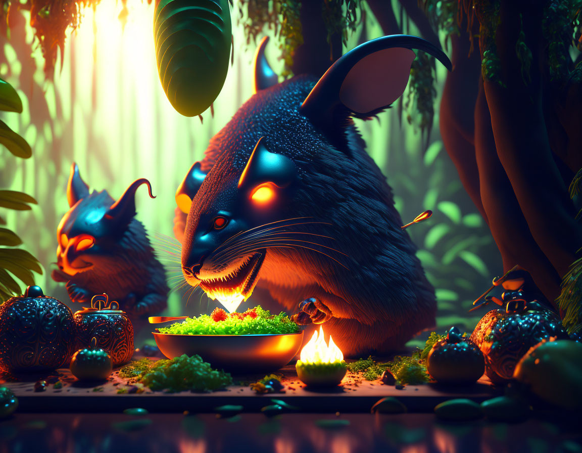 Blue-glowing mouse-like creature eating in mystical forest with glowing plants