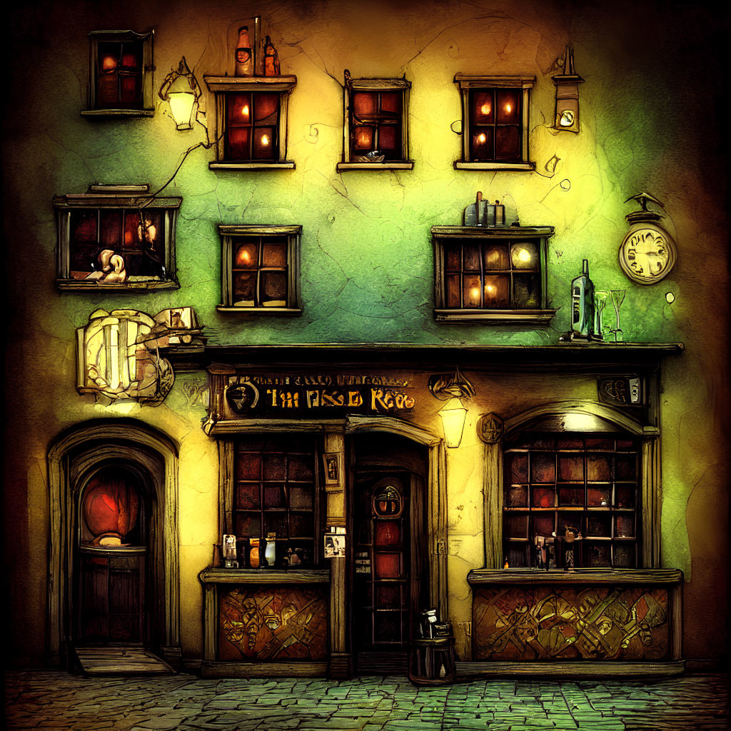 Illustration of Old Quaint Pub at Night with Glowing Windows