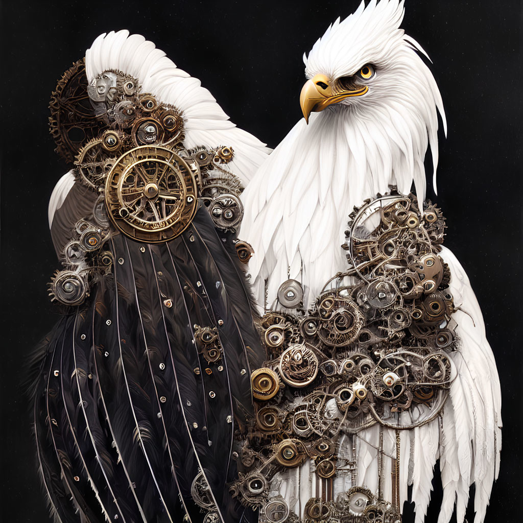 Eagle illustration with realistic feathers and steampunk gears