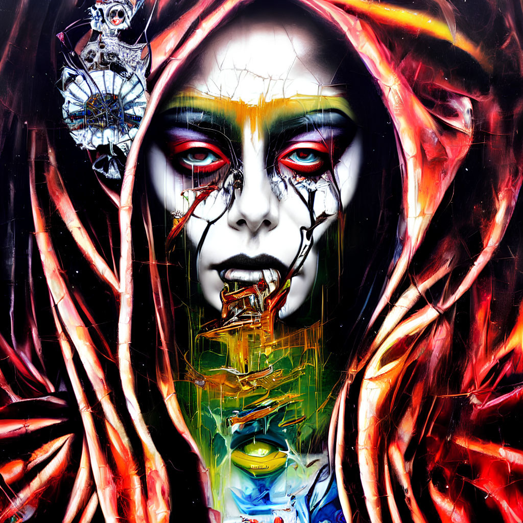 Colorful graffiti art featuring hooded figure with intense eyes and melting features