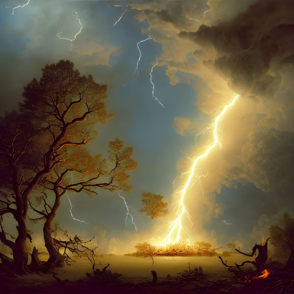 Stormy Sky with Lightning Bolts Striking Trees