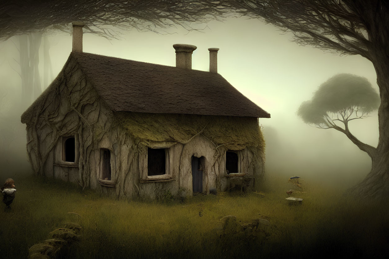 Thatched cottage in surreal foggy landscape with child and twisted trees