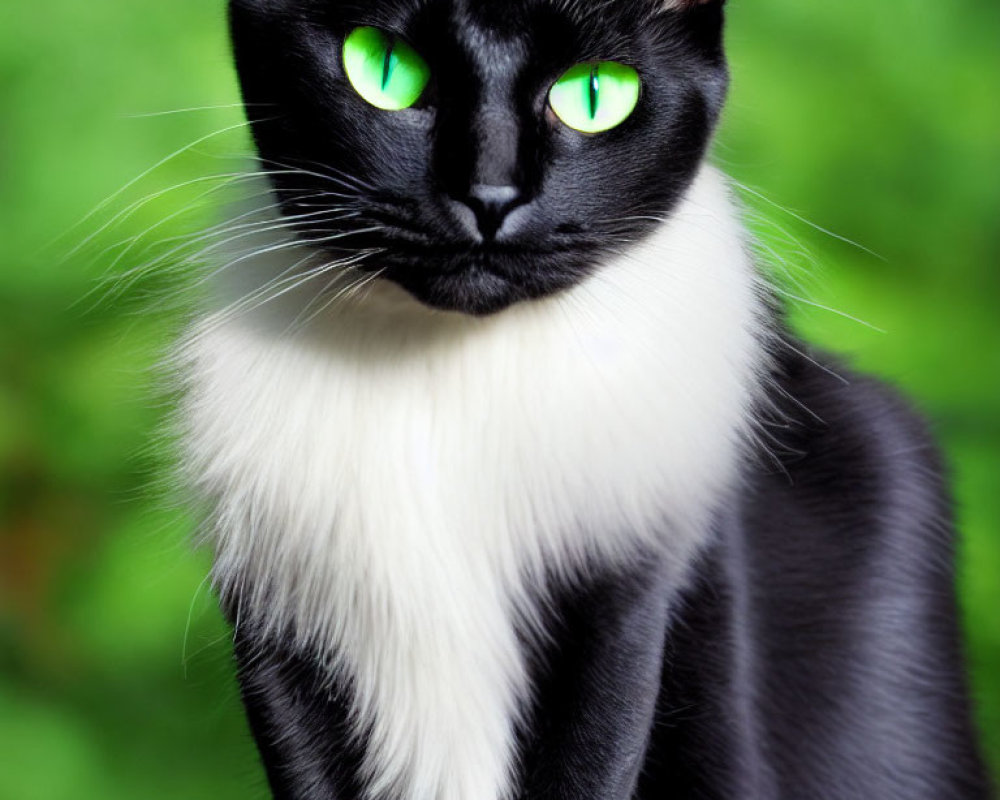 Black Cat with Green Eyes and White Chest Fur on Blurred Green Background