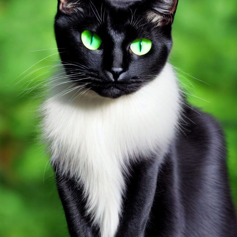 Black Cat with Green Eyes and White Chest Fur on Blurred Green Background