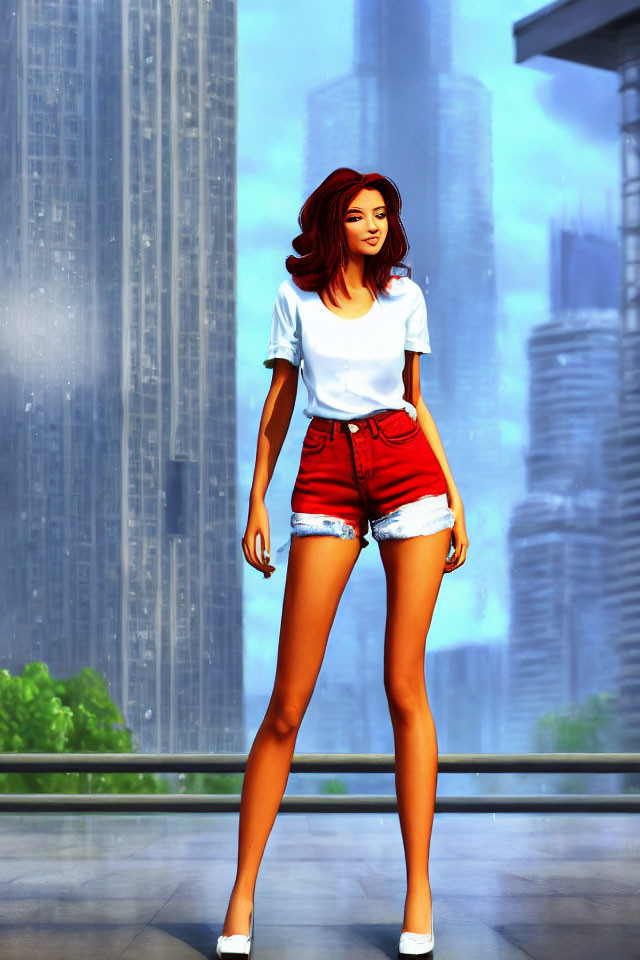 Stylized female character with red hair in casual clothing against cityscape