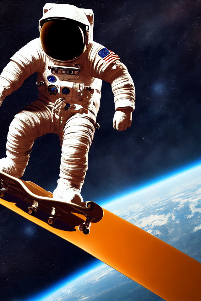 Astronaut skateboards off ramp into space