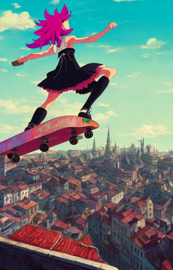 Pink-haired animated character skateboarding over cityscape under blue skies