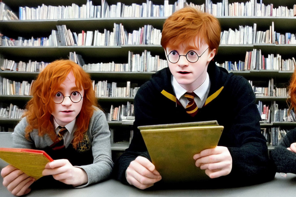 Students in school uniforms reading books in library with distinctive ties.