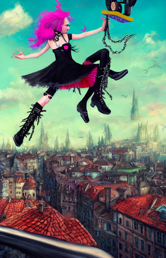 Vibrant pink-haired girl floats above old cityscape in black attire