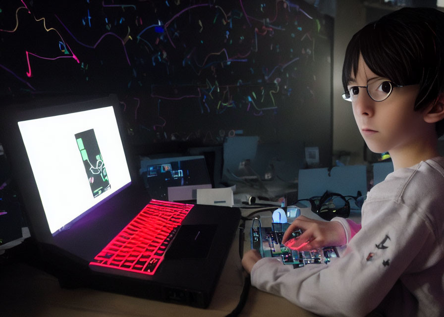 Child with Glasses Using Computer in Neon Lit Room