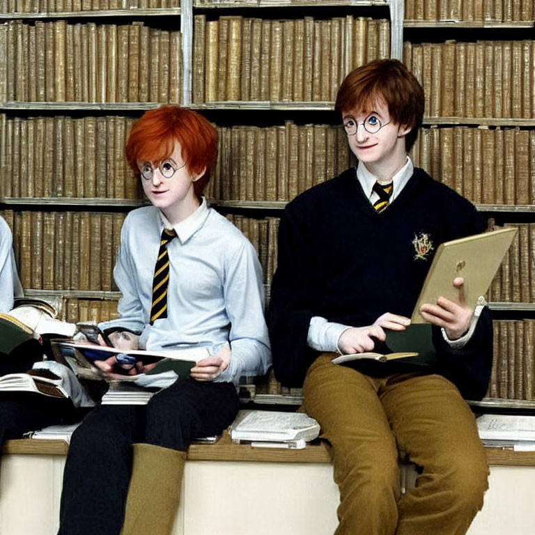 Two individuals in school uniforms at a bookshelf with books and clipboard