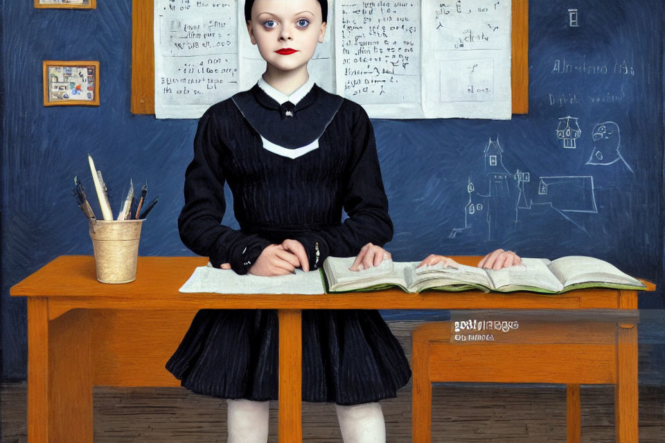 Young girl in school uniform at desk with open book against chalkboard.