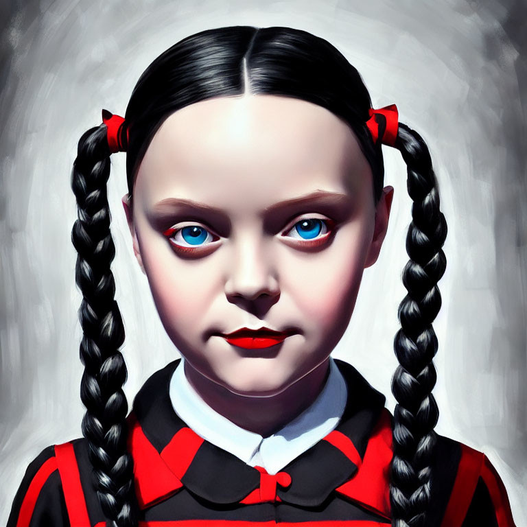 Digital painting: Girl with braided pigtails, blue eyes, red ribbons, gothic