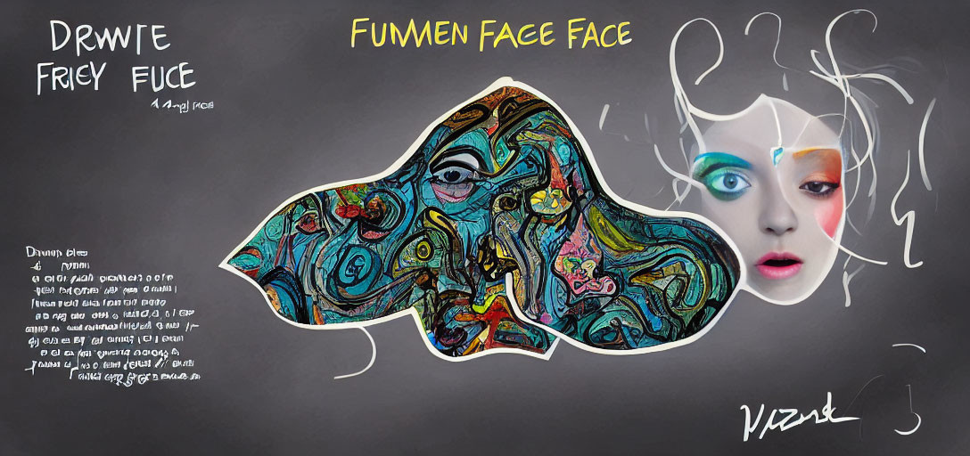 Abstract vs. realistic dual-face artwork with swirling lines and text elements