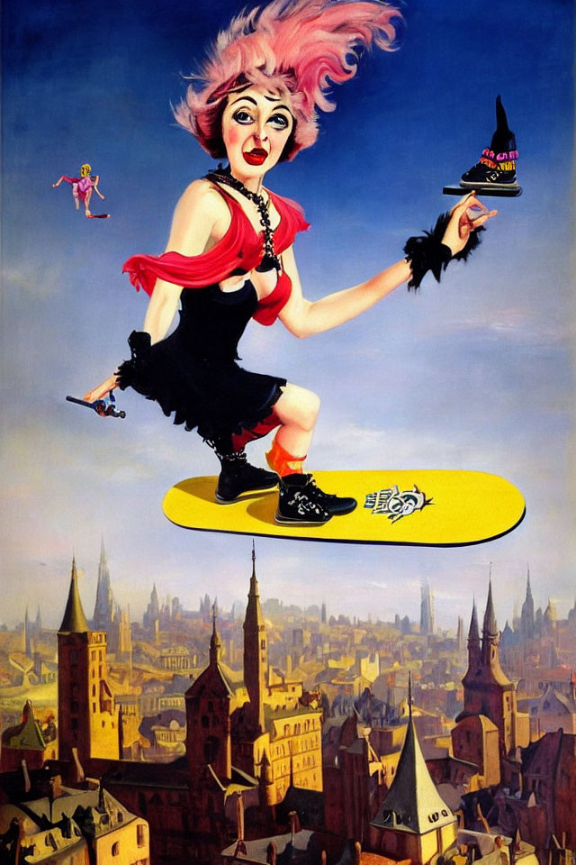 Colorful painting of woman skateboarding on yellow board above cityscape with tiny witch.