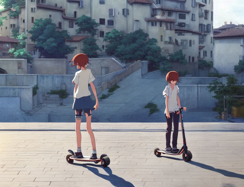 Animated boy and girl with scooters on urban rooftop scenery