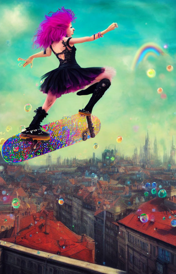 Purple-haired person skateboarding on colorful oversized board in cityscape with bubbles and rainbow