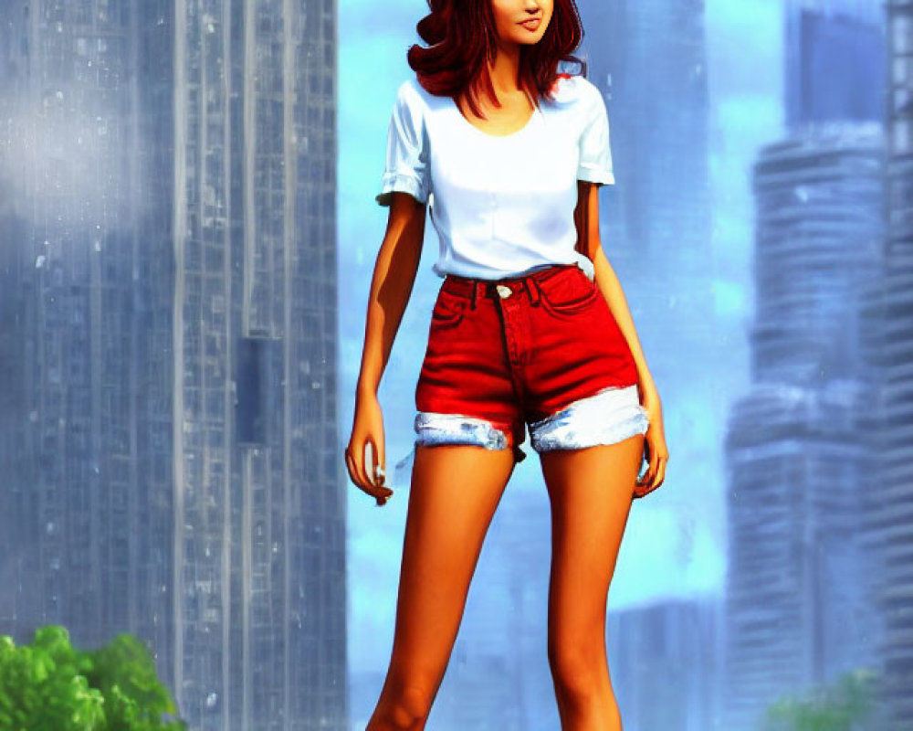 Stylized female character with red hair in casual clothing against cityscape