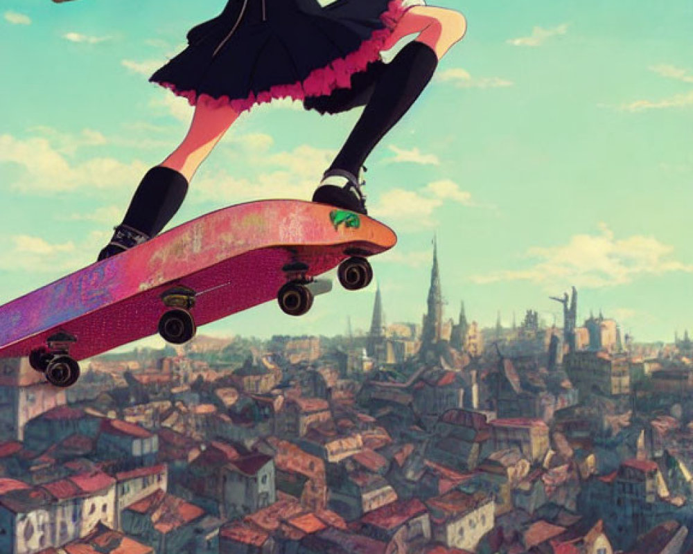 Pink-haired animated character skateboarding over cityscape under blue skies