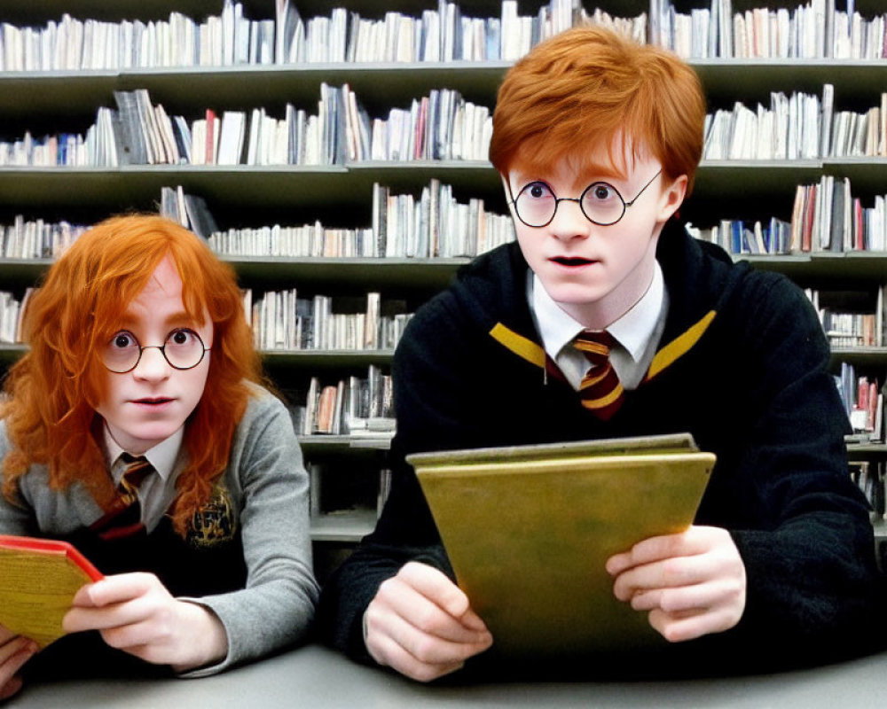 Students in school uniforms reading books in library with distinctive ties.