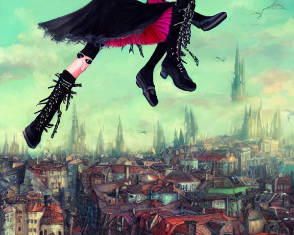 Vibrant pink-haired girl floats above old cityscape in black attire