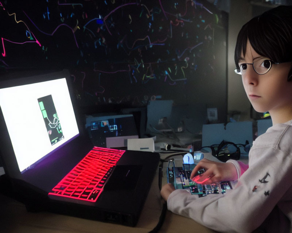 Child with Glasses Using Computer in Neon Lit Room