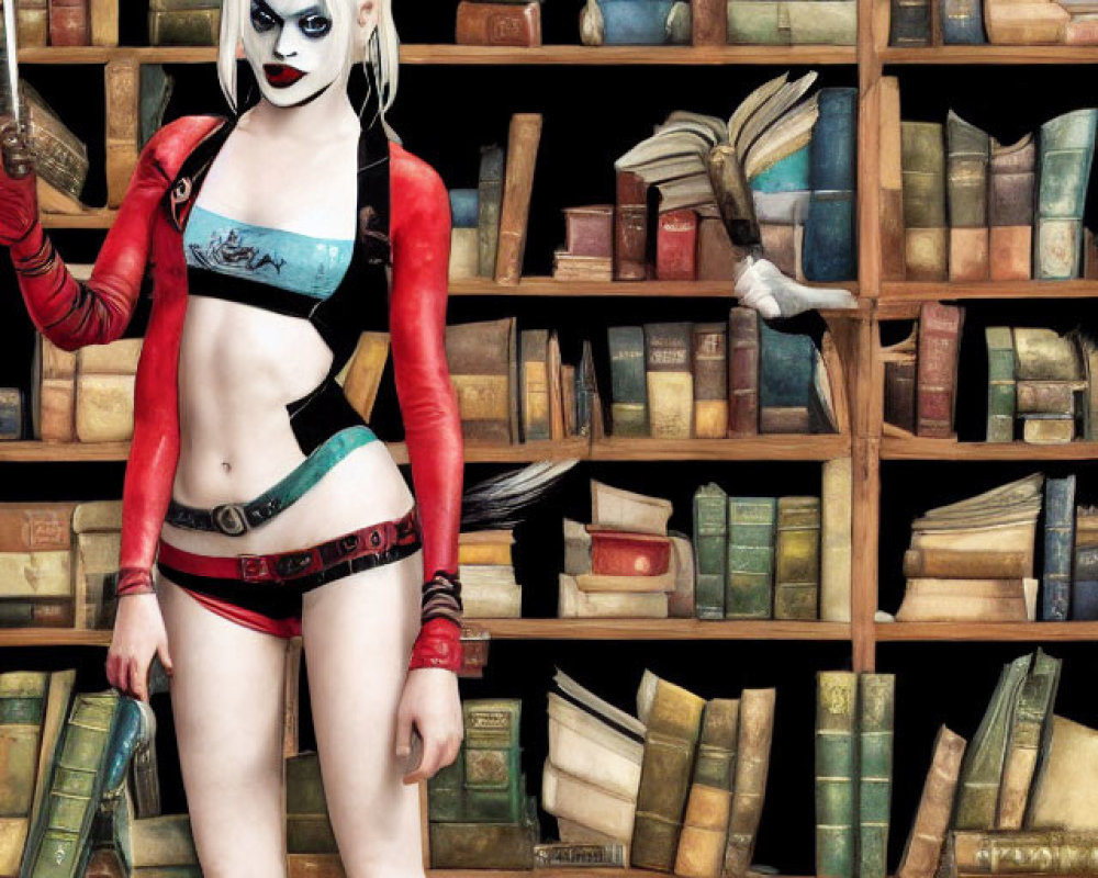 Stylized white-haired female character in red and black punk outfit among rows of books