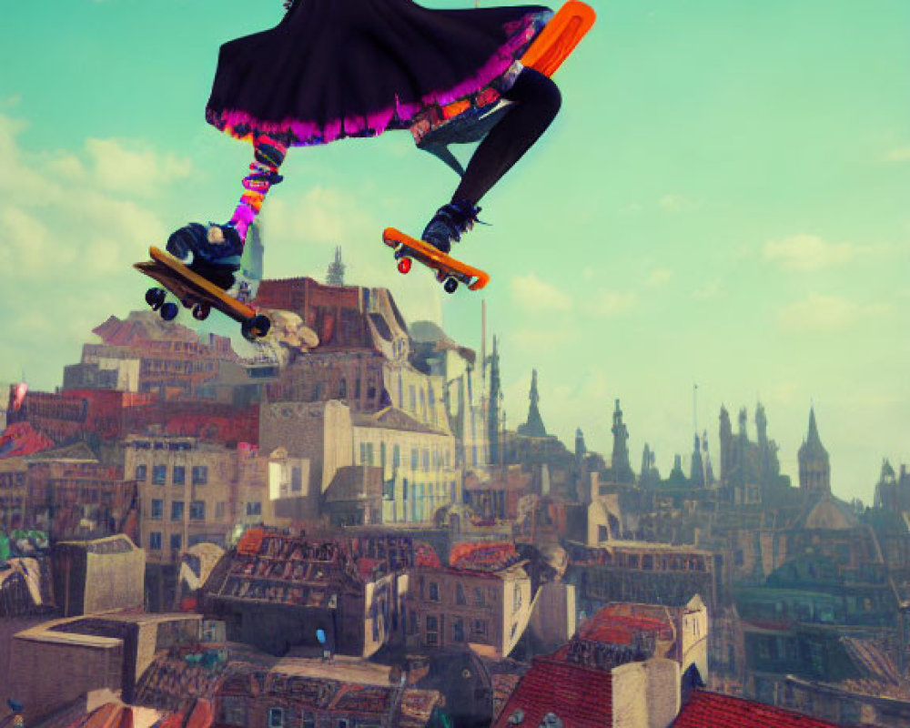 Digital Artwork: Person with Pink Hair Skateboarding above Surreal Cityscape