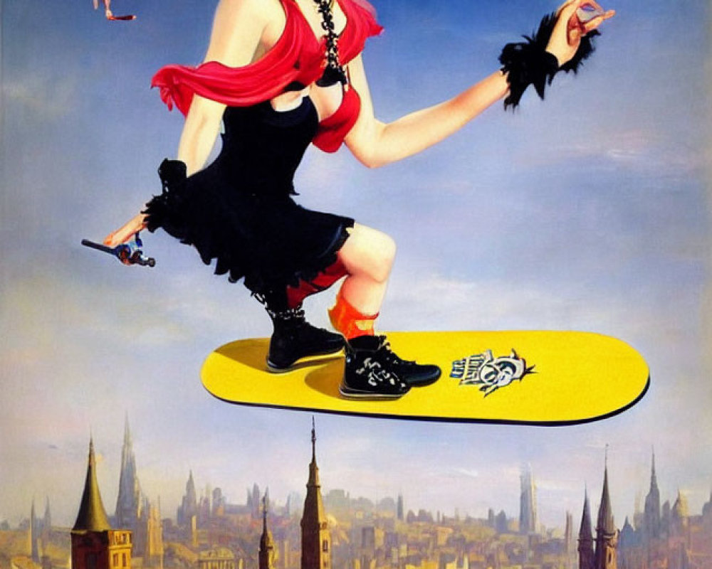 Colorful painting of woman skateboarding on yellow board above cityscape with tiny witch.