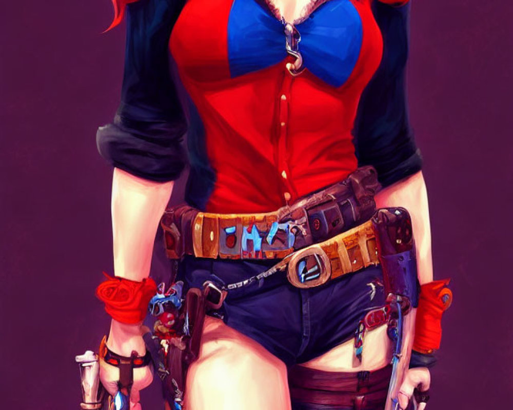 Stylized woman with blue skin in red and blue costume holding a mallet