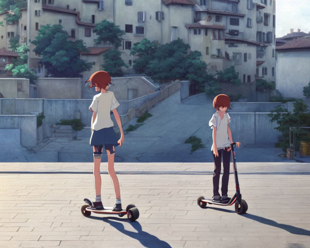 Animated boy and girl with scooters on urban rooftop scenery