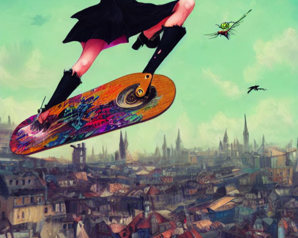 Pink-haired figure skateboards over cityscape with dragonfly creatures