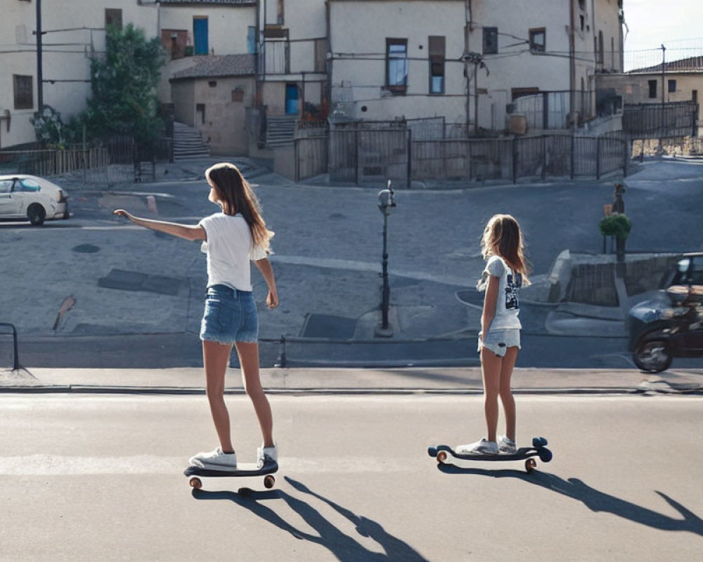 Two girls skateboarding on sunny street in casual attire