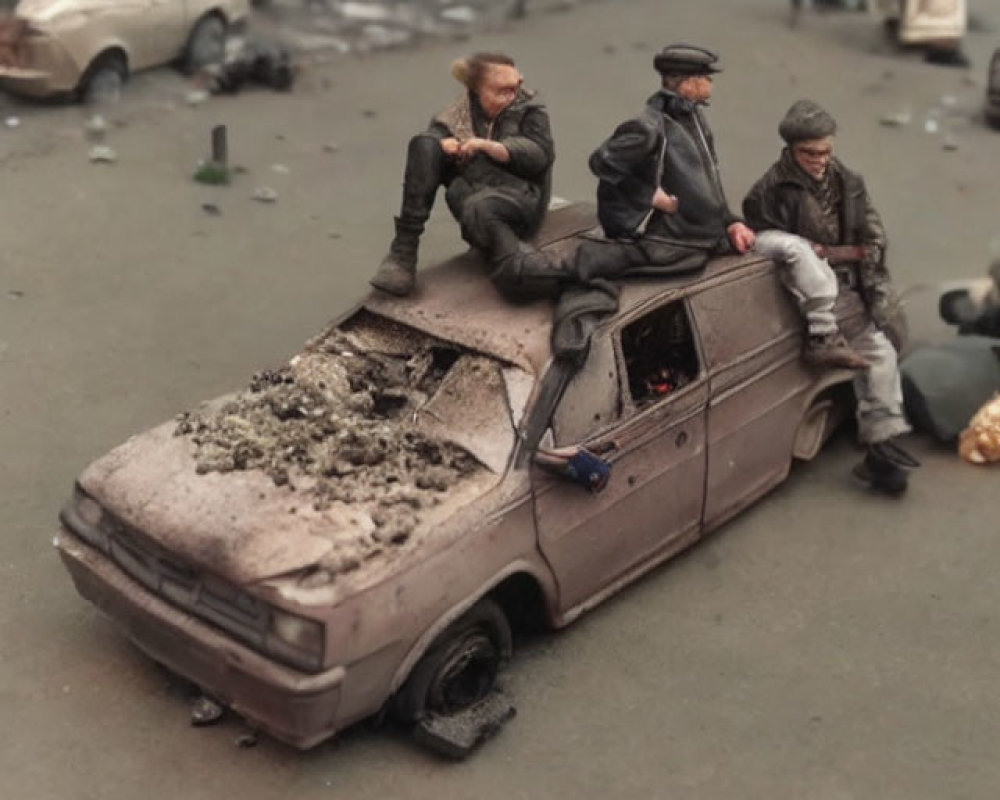 Miniature figures on abandoned car in post-apocalyptic diorama