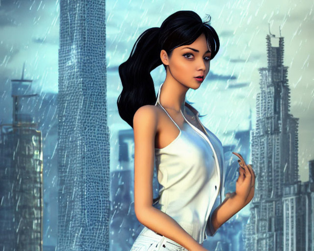 Digital artwork: Woman with black hair in white outfit on futuristic balcony