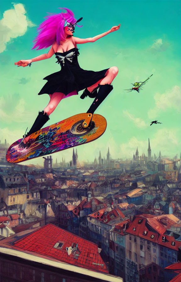 Pink-haired figure skateboards over cityscape with dragonfly creatures