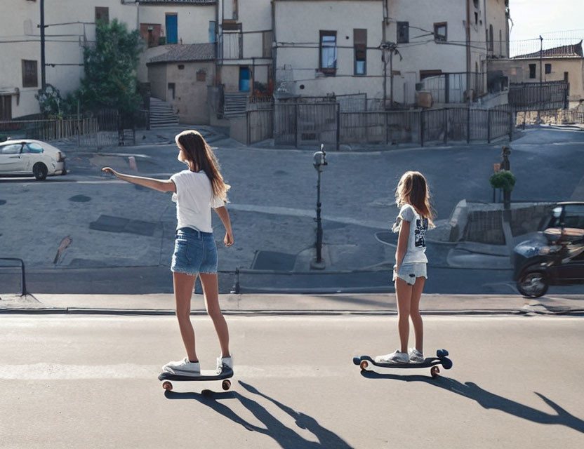 Two girls skateboarding on sunny street in casual attire