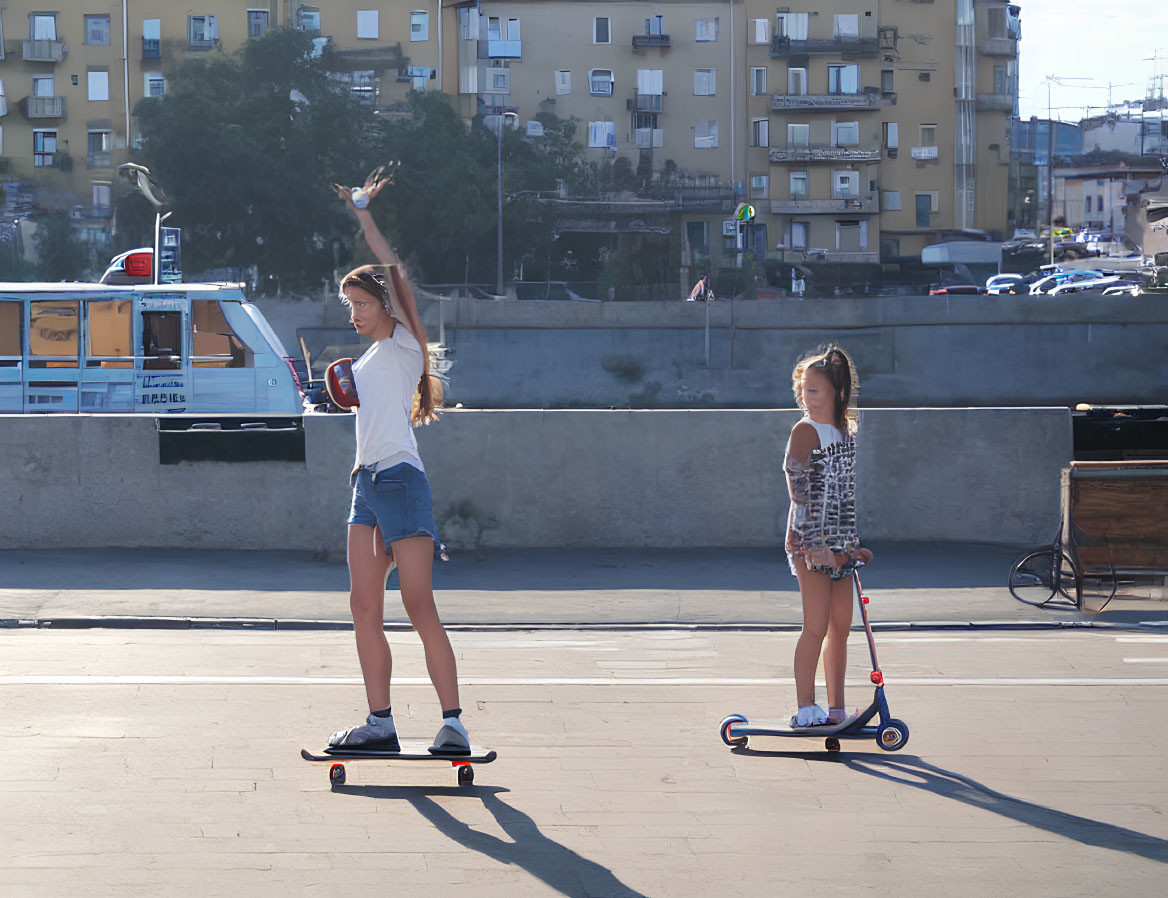 Urban plaza scene with skateboarder and scooter rider under sunny sky