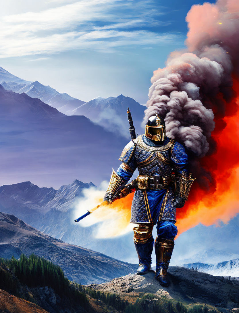 Ornate blue and gold armored knight against fiery mountain backdrop