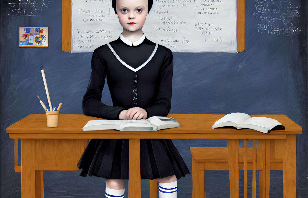 Student in traditional uniform studying at desk with open books and pens in front of chalkboard with mathematical equations