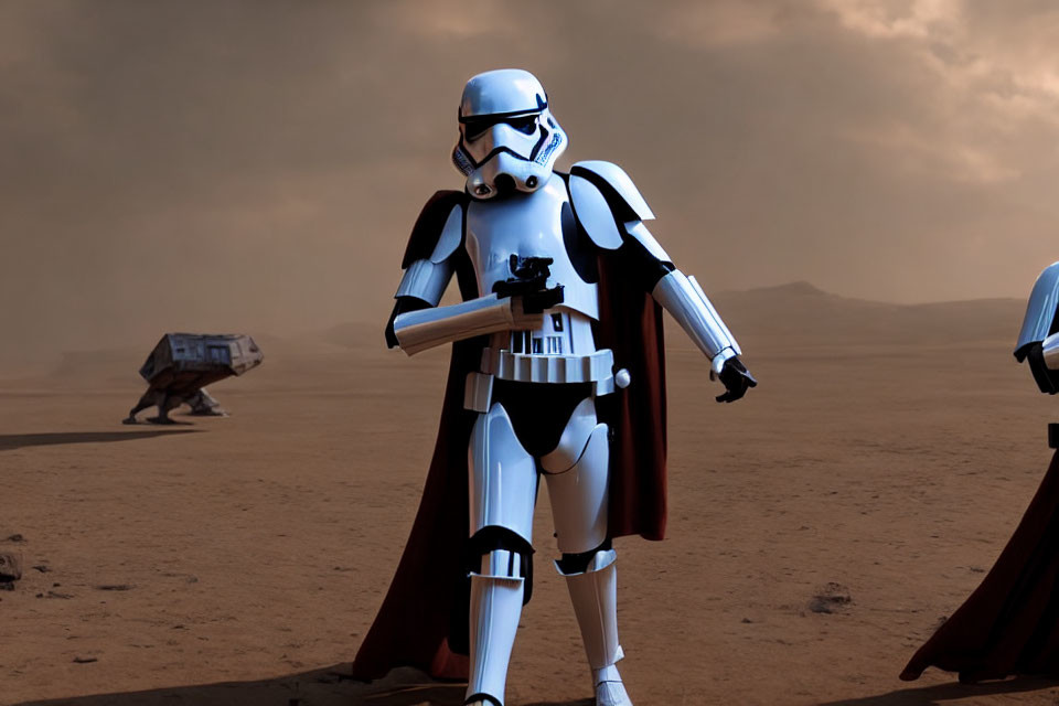 Stormtrooper with cape in desert landscape with walker under hazy sky