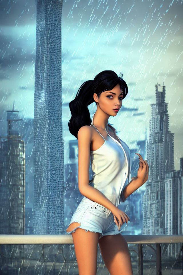 Digital artwork: Woman with black hair in white outfit on futuristic balcony